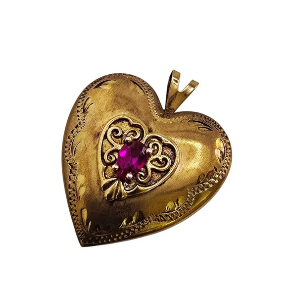 Vintage Gold Wash Over Sterling & Glass Etched Heart Pendant (A8664) - Picture 2 of 6